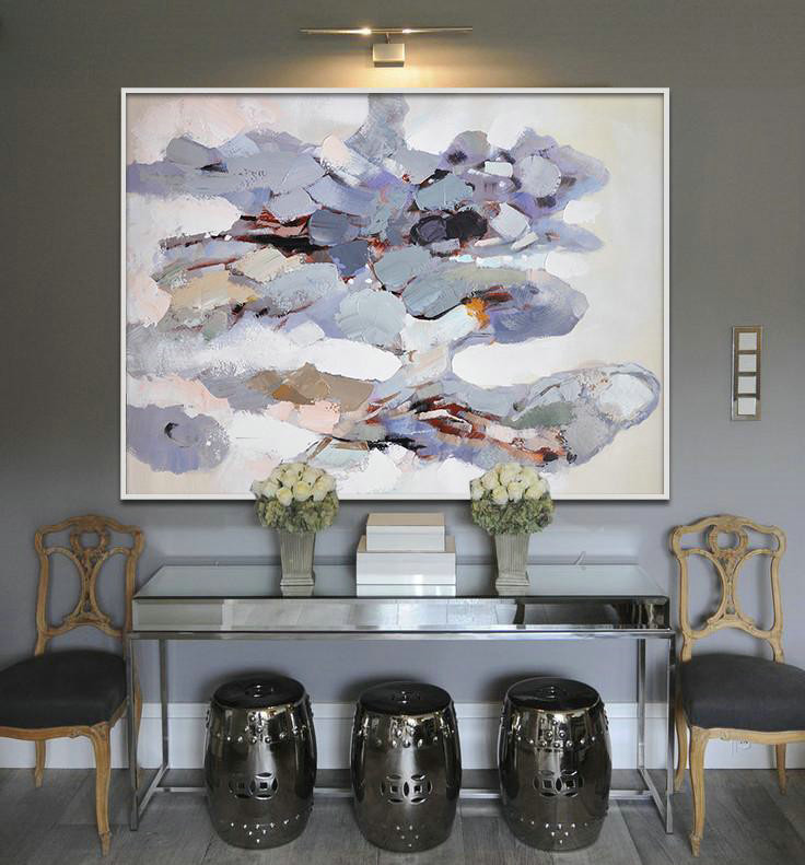 Handmade Extra Large Contemporary Painting,Oversized Horizontal Contemporary Art,Abstract Painting Modern Art,White,Grey,Pink,Blue,Yellow.etc